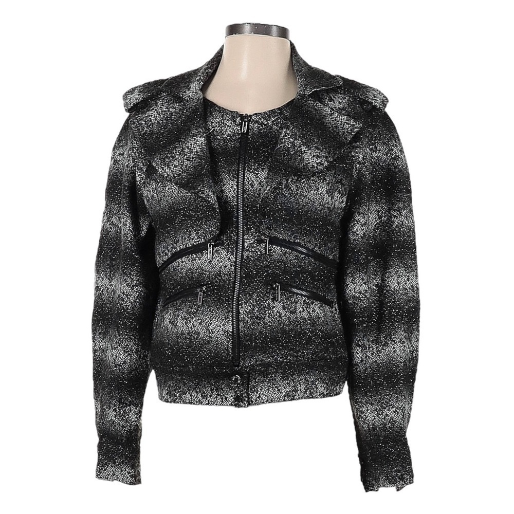 Karl Lagerfeld Impulse Wool Blend Tweed Moto Jacket S Black Gray Stripe NWT